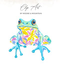 Watercolor frog illustration with colorful abstract floral pattern and text "Clip Art".