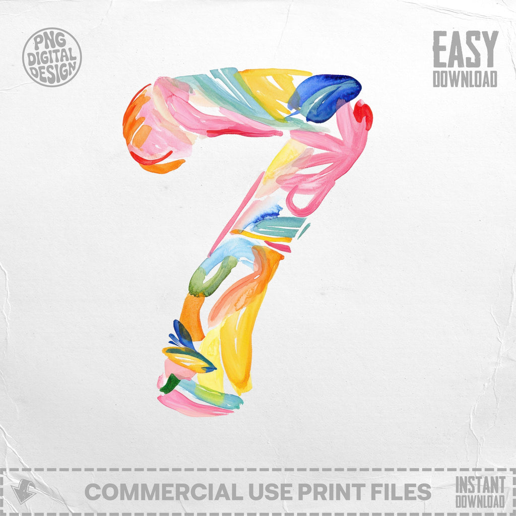 Watercolor number 7 in rainbow colors with "PNG Digital Design" and "Easy Download" text.