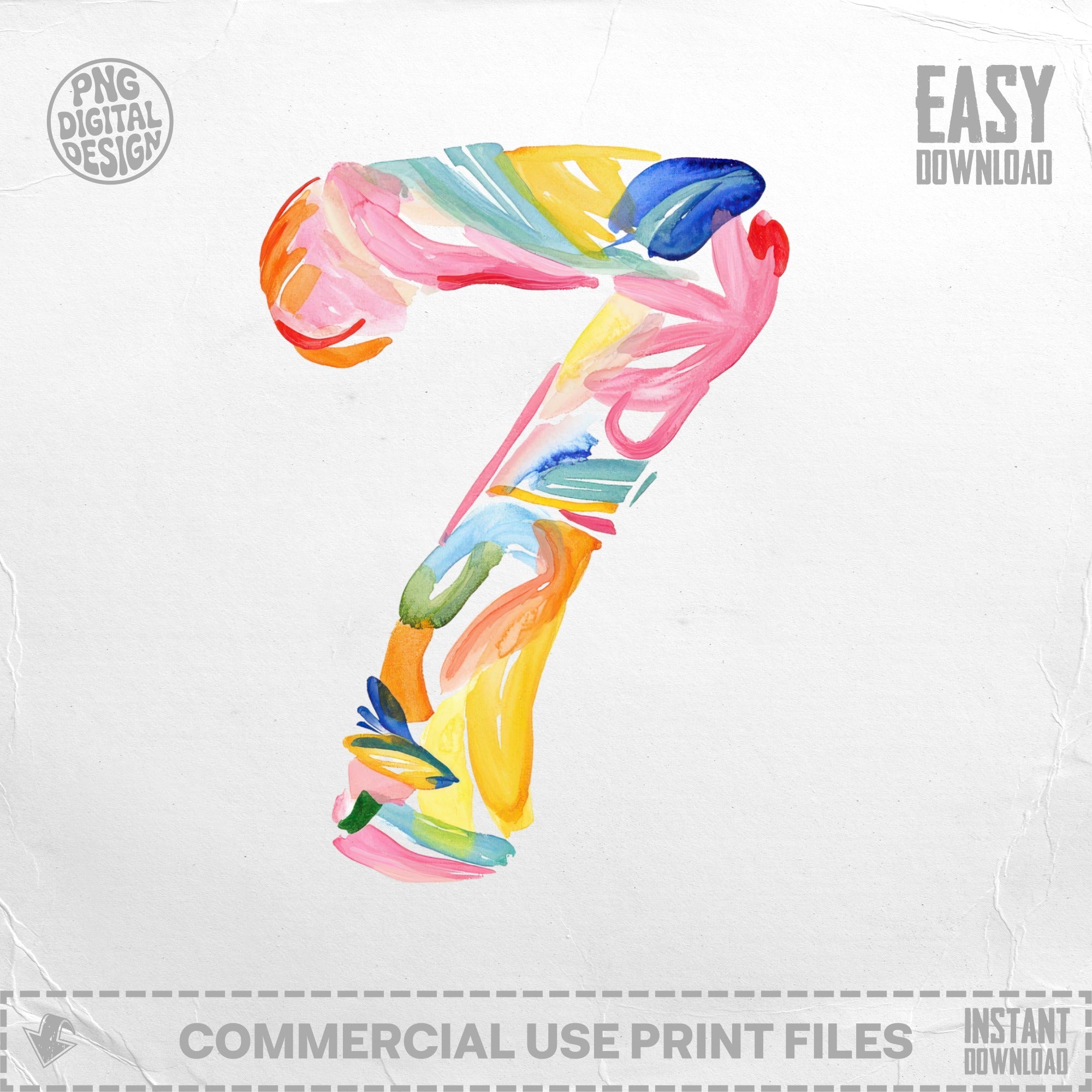 Watercolor number 7 in rainbow colors with "PNG Digital Design" and "Easy Download" text.