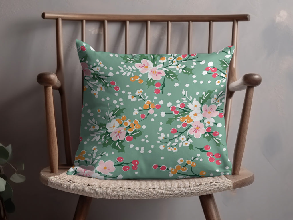 Floral Green Throw Pillow with Colorful Bloom Design