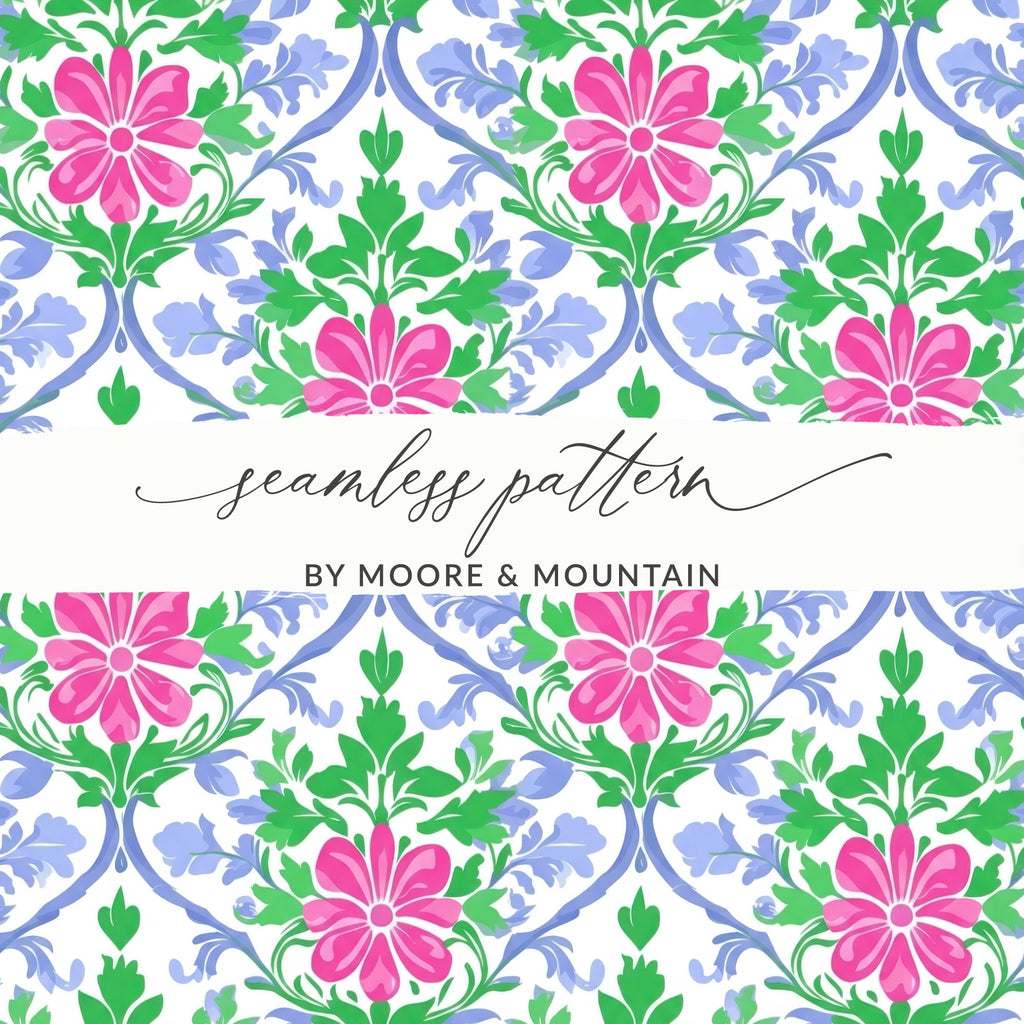 Seamless pattern with pink flowers and blue scrolling foliage.