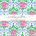 Seamless pattern with pink flowers and blue scrolling foliage.