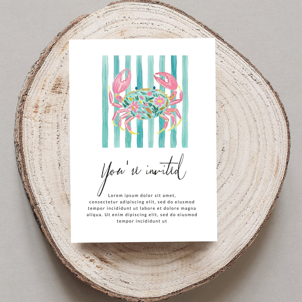 Invitation card with floral crab illustration and striped background.
