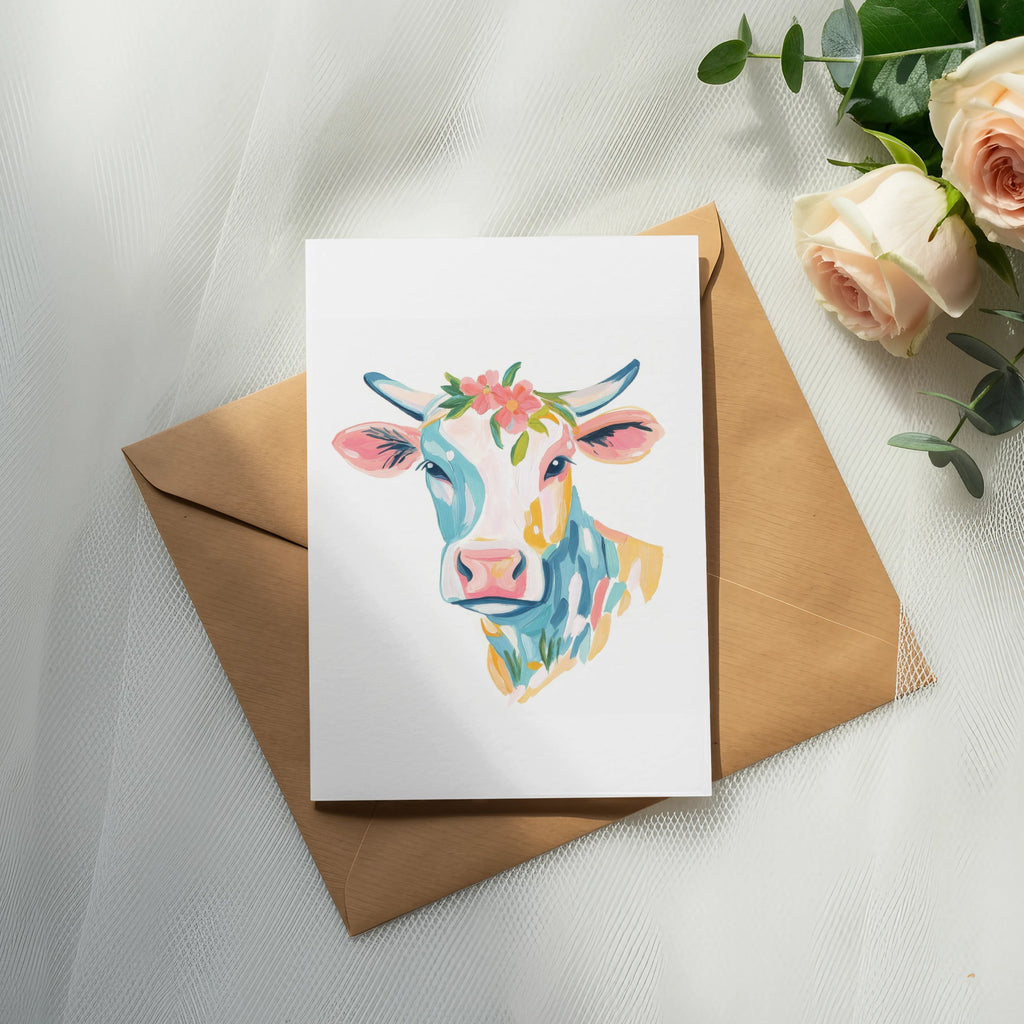 Watercolor cow with floral headdress on greeting card inside envelope.