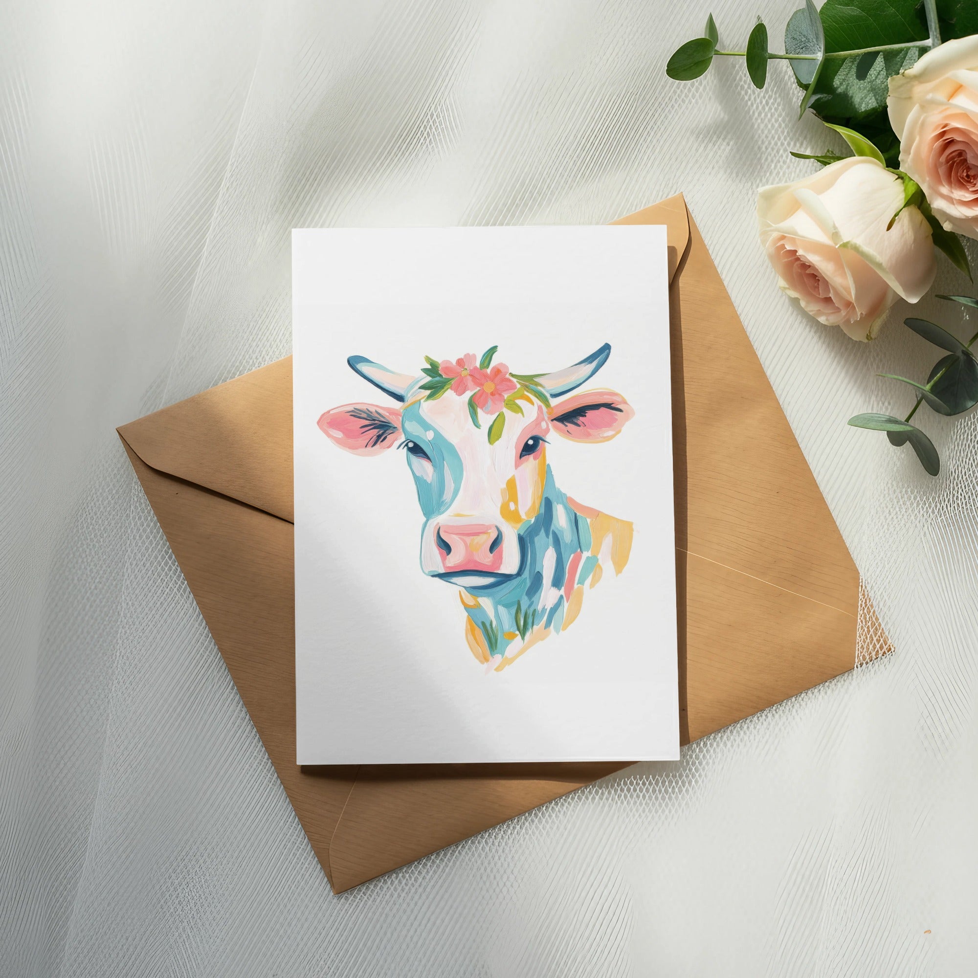 Watercolor cow with floral headdress on greeting card inside envelope.