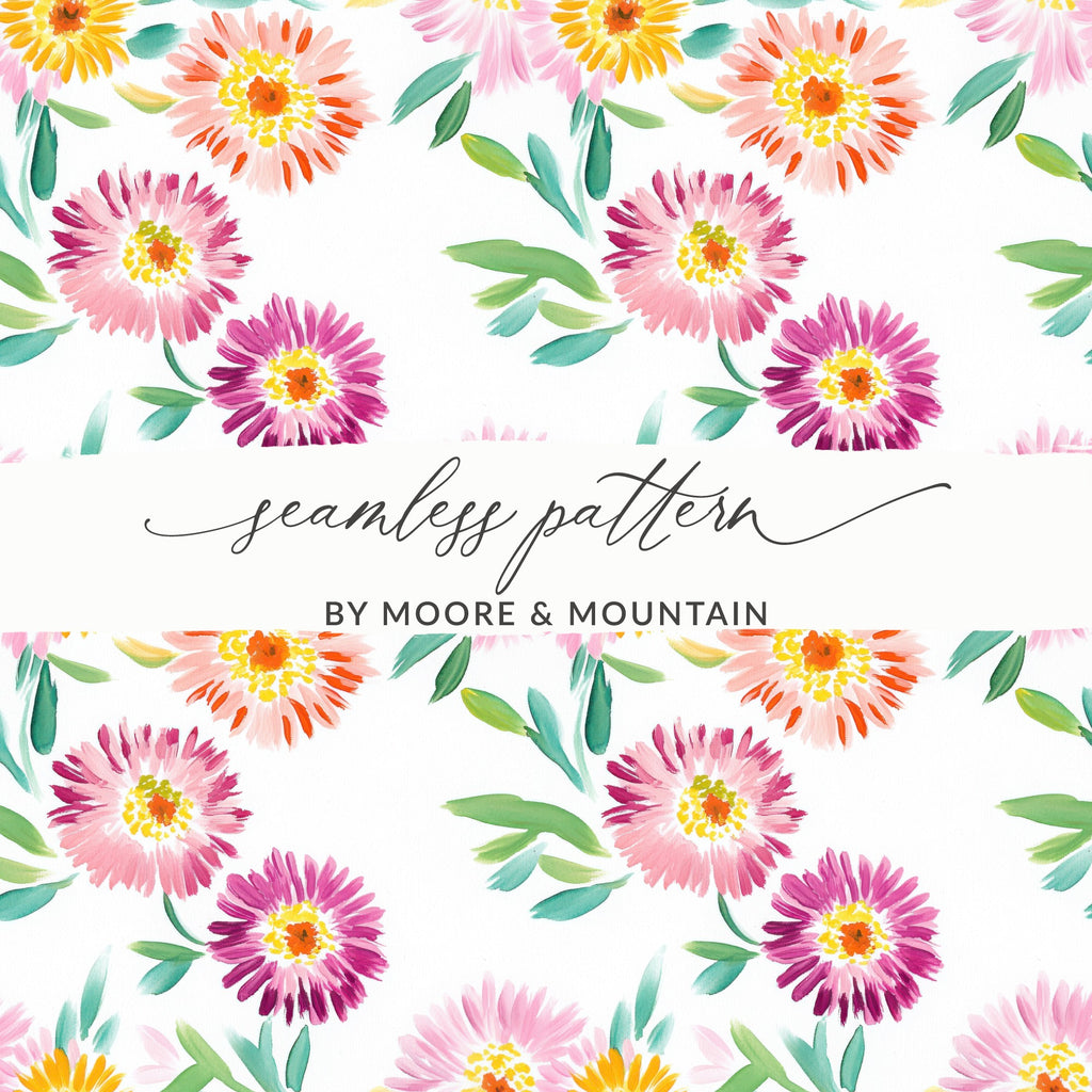 Seamless pattern of pink and yellow daisies with green leaves.
