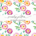 Seamless pattern of pink and yellow daisies with green leaves.
