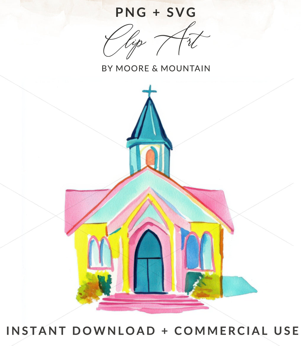 Watercolor painting of a colorful church with arched doorway, "PNG + SVG" and "BY MOORE & MOUNTAIN" text.
