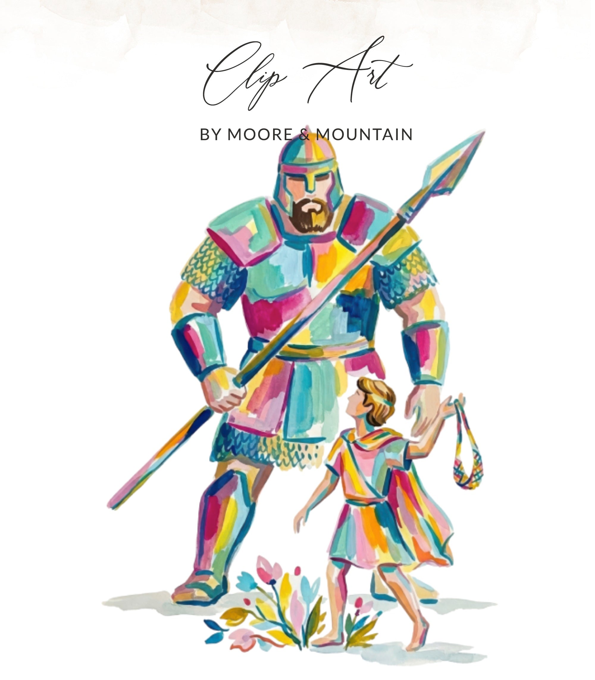 Illustration of David facing a giant with spear and slingshot.