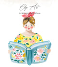 Illustration of a woman reading a book with floral designs.