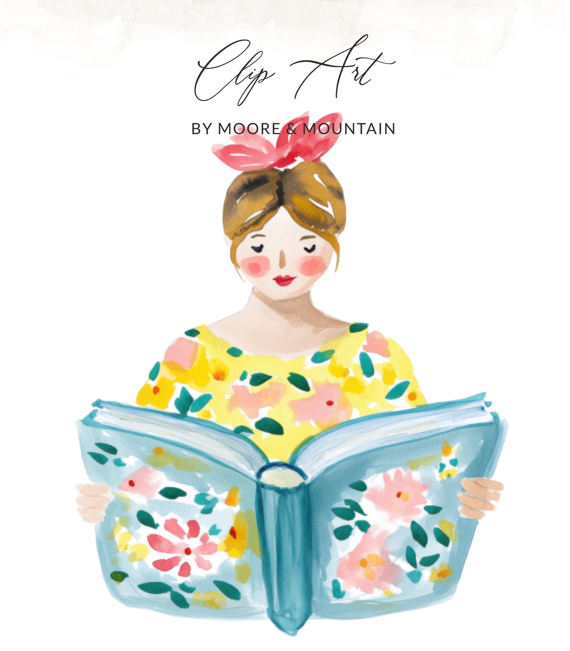 Illustration of a woman reading a book with floral designs.
