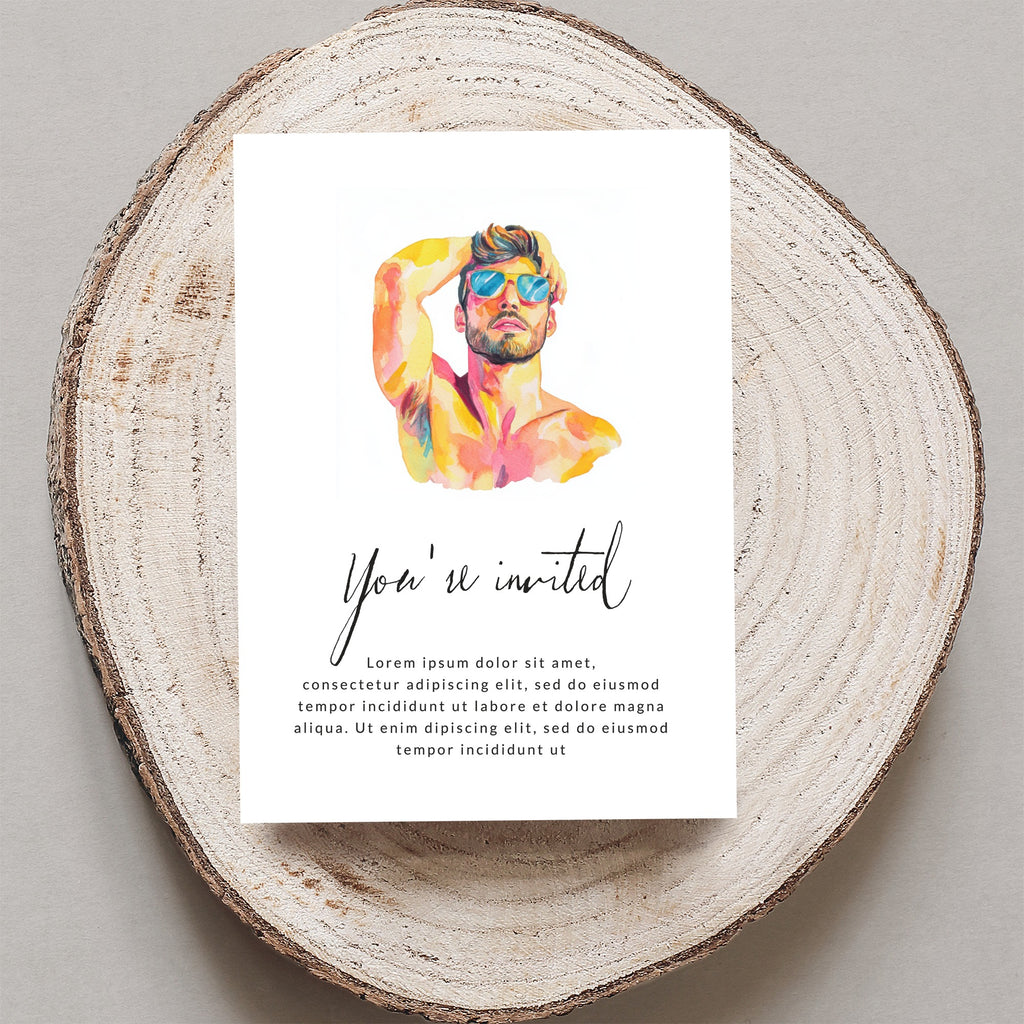 Invitation card with watercolor painting of man and "You're invited" text.
