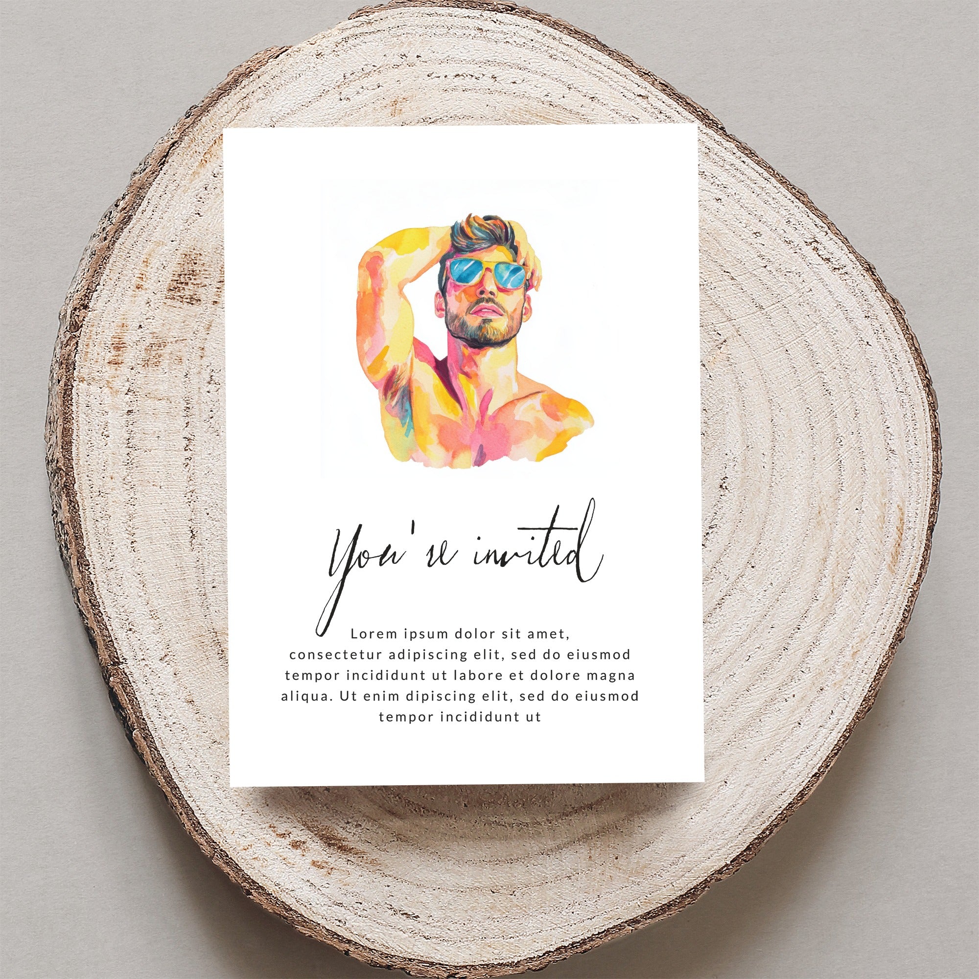 Invitation card with watercolor painting of man and "You're invited" text.