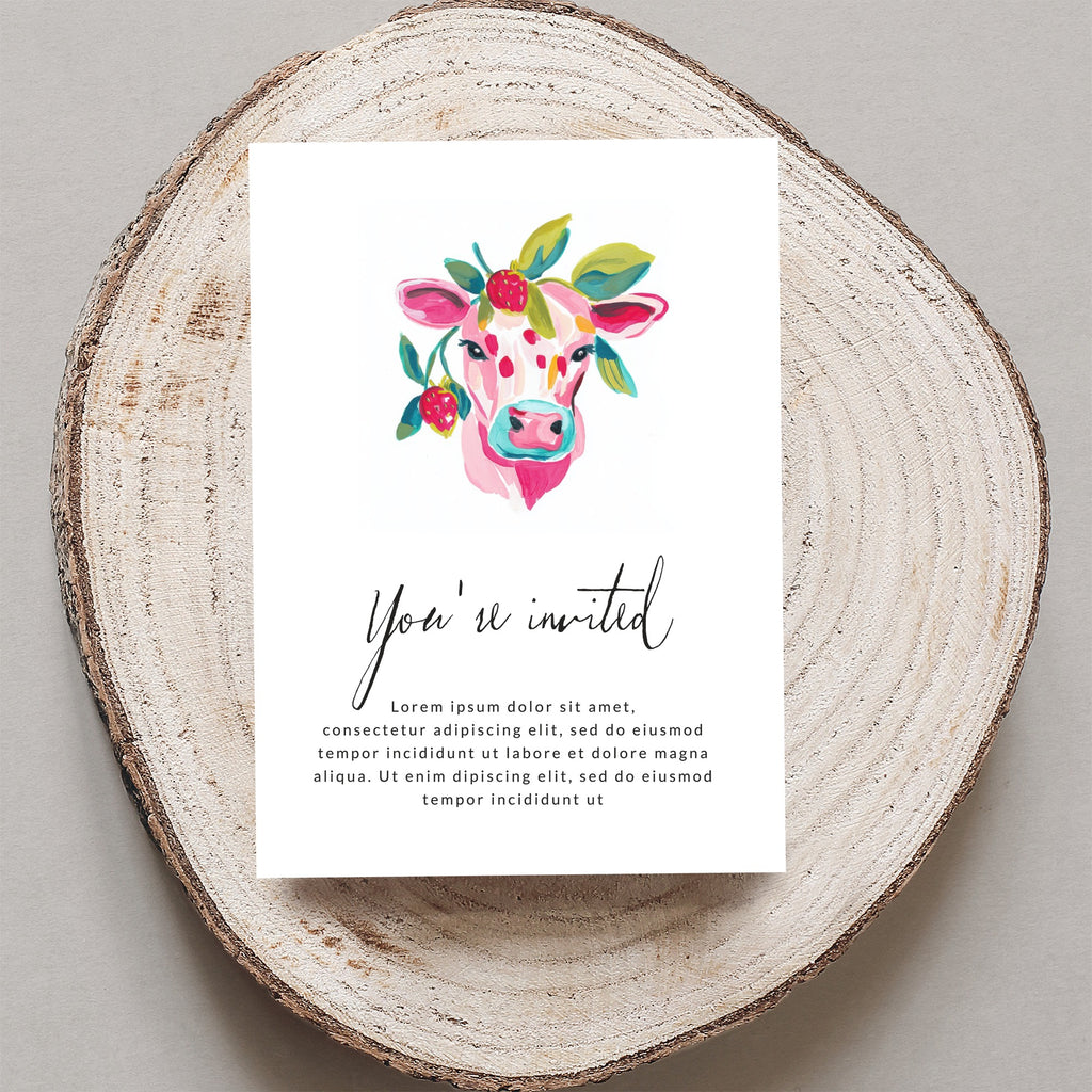 Cow with floral wreath invitation, "You're invited" text.