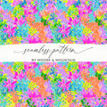 Seamless floral pattern with pink, blue, and orange abstract splotches.