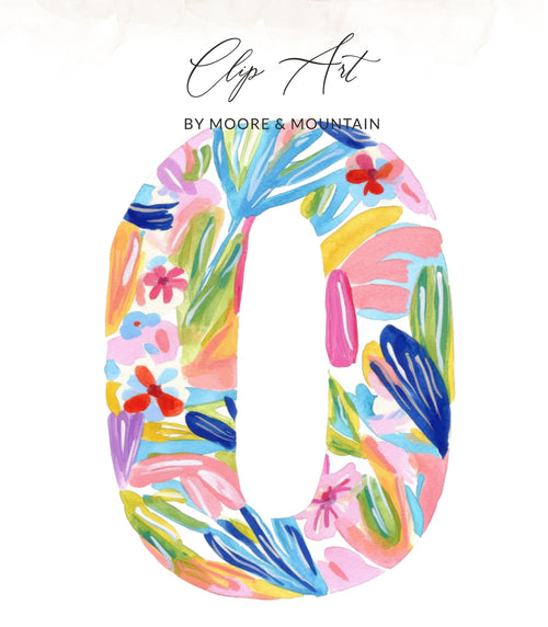 Watercolor letter O with abstract floral pattern, text "Clip Art BY MOORE & MOUNTAIN".