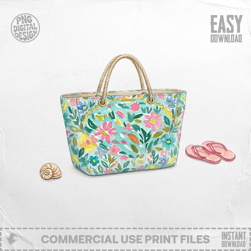 Teal tote bag with floral pattern and flip-flops.