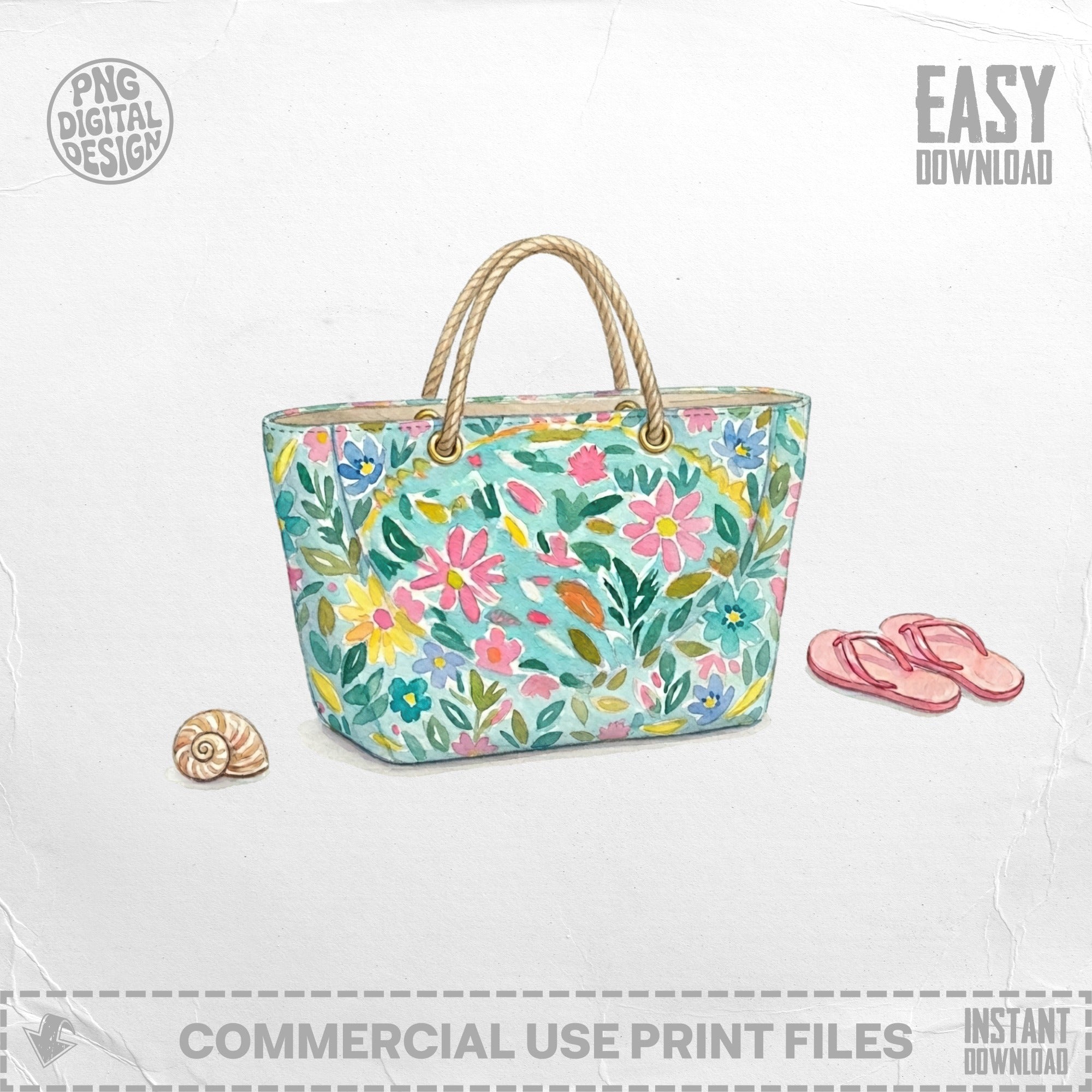 Teal tote bag with floral pattern and flip-flops.