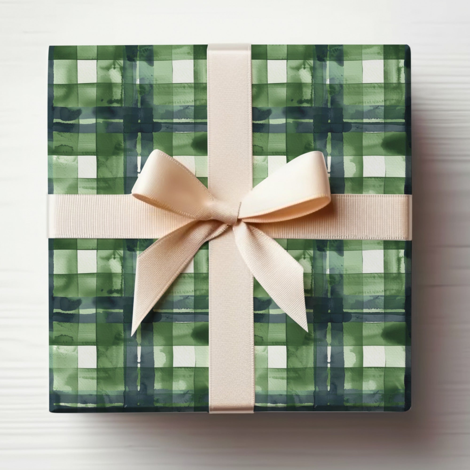 Elegant Green Plaid Gift Box with Cream Ribbon