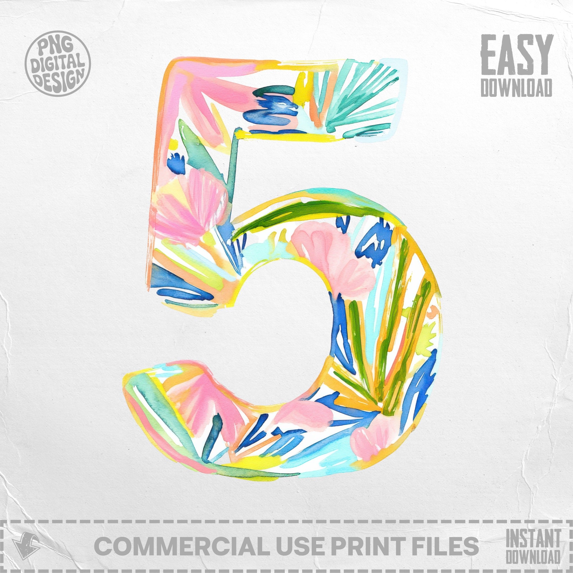 Watercolor number 5 with floral and tropical leaf pattern.