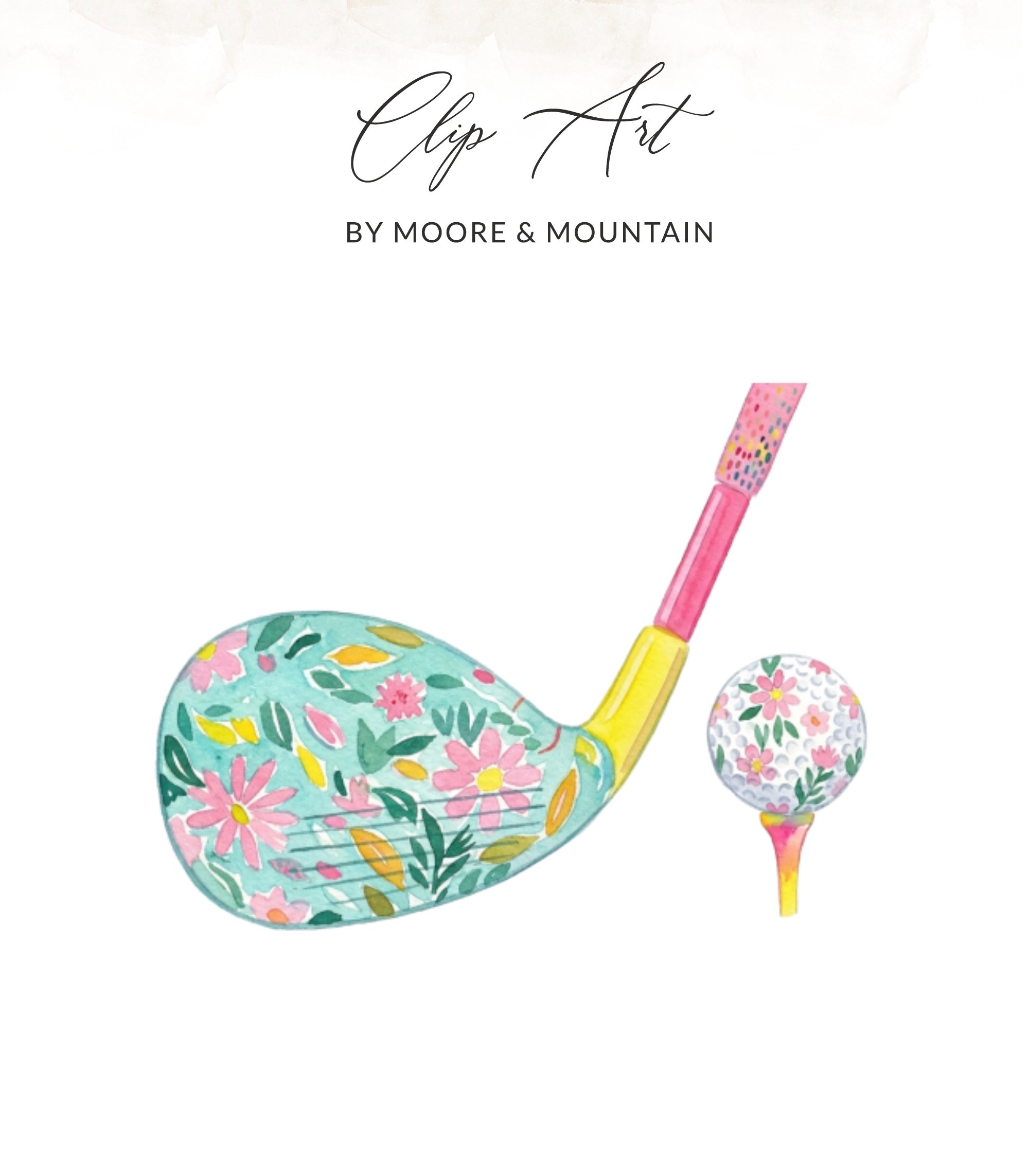 Floral golf club and tee with ball.