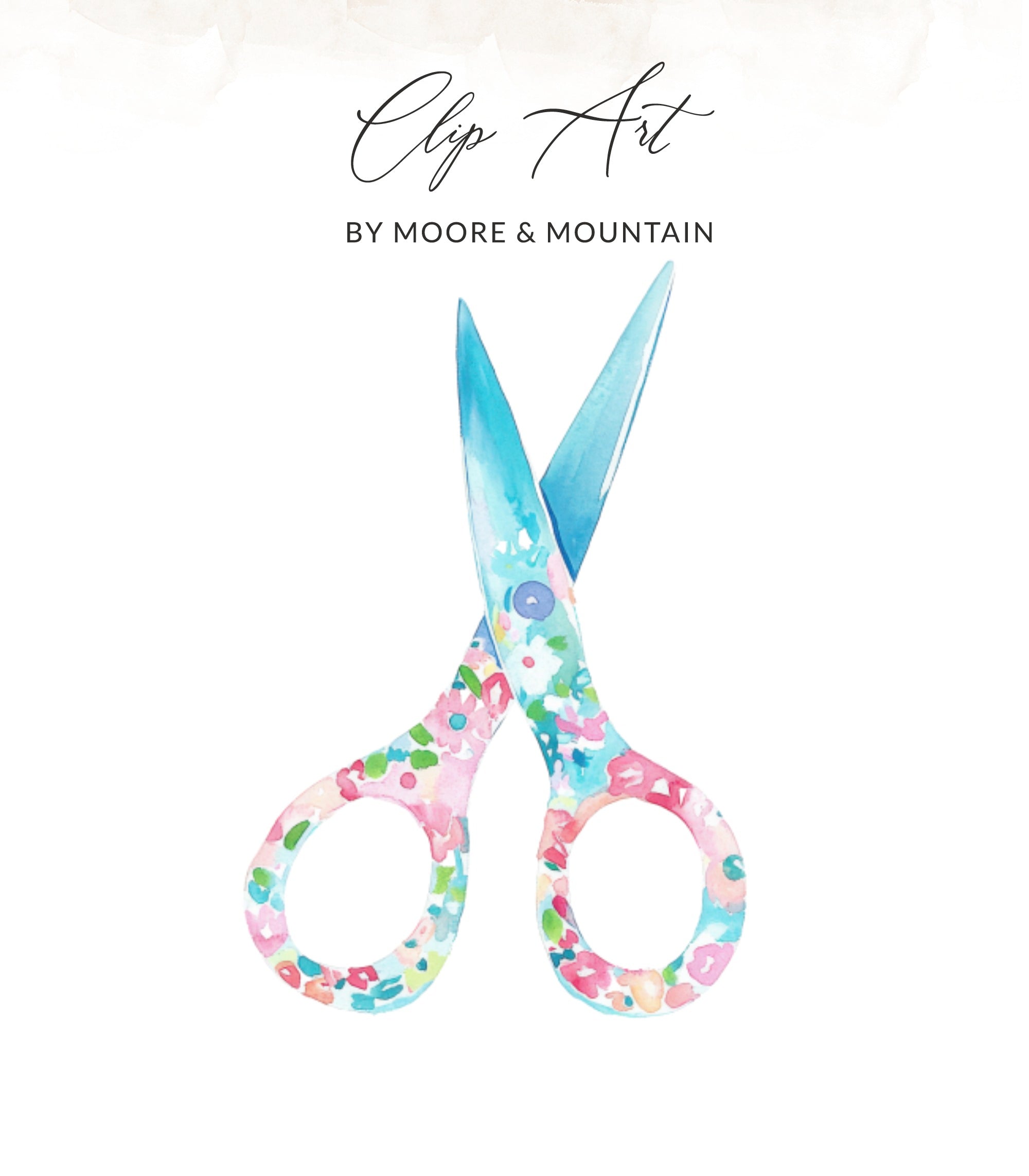 Watercolor scissors with floral pattern and "Clip Art" text.