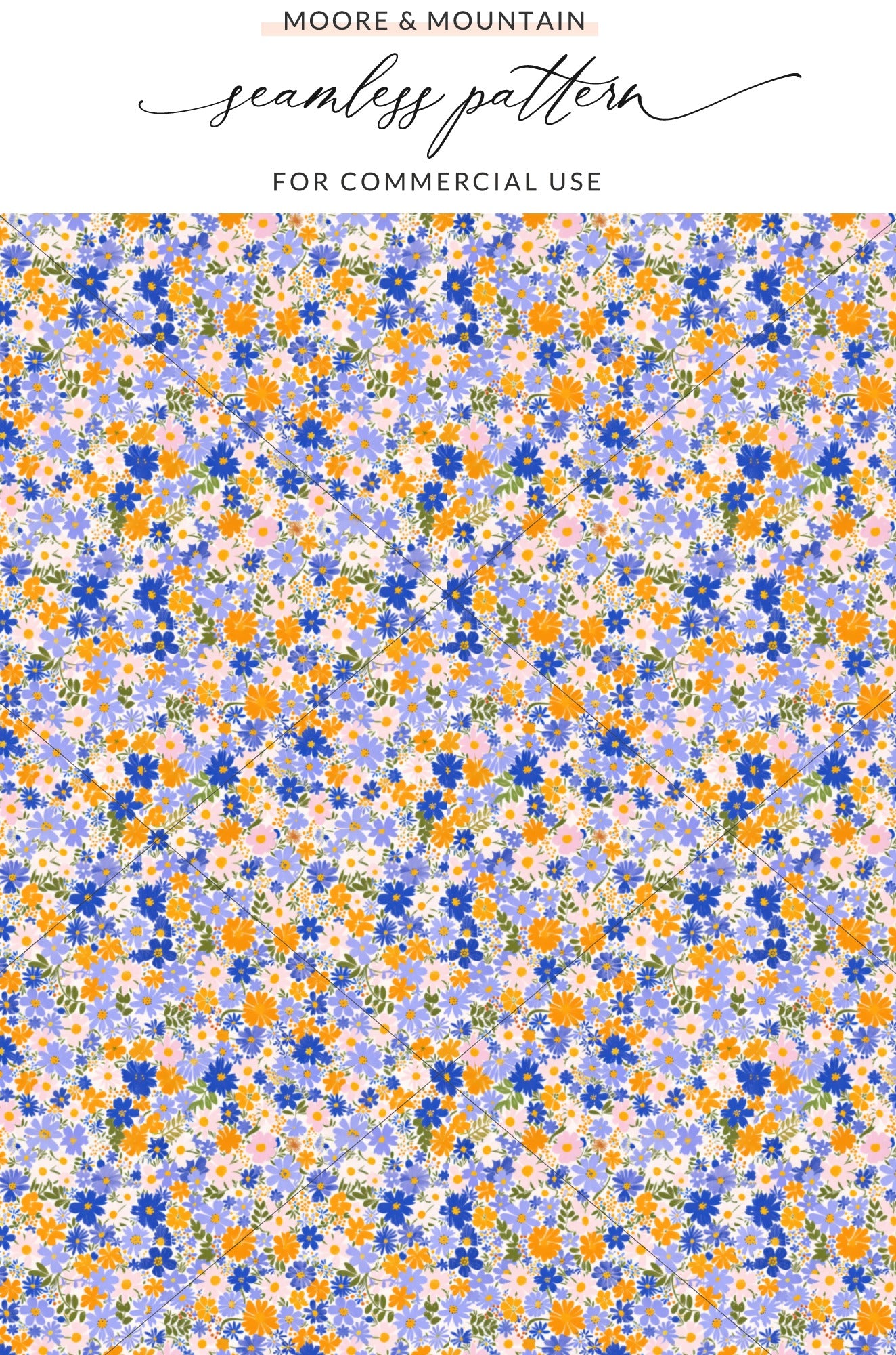 Colorful Orange and Blue Floral Seamless Pattern for Commercial Use
