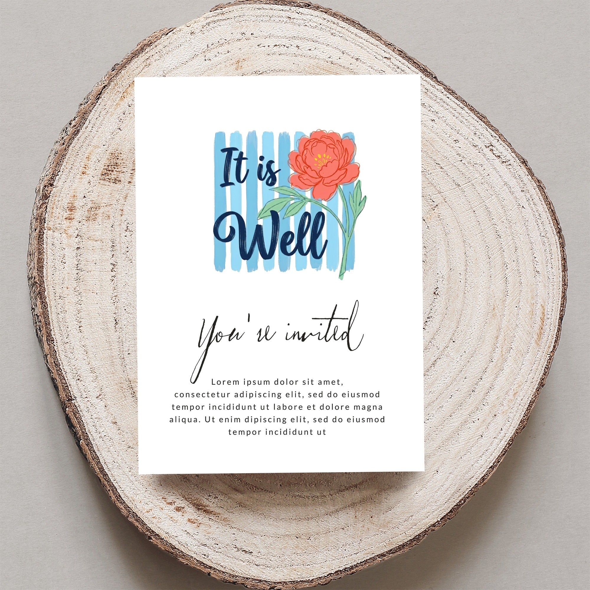 Card with "It is Well" and "You're invited" text, featuring a floral illustration.