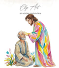 Jesus in colorful robe touches man's forehead, with floral accents.