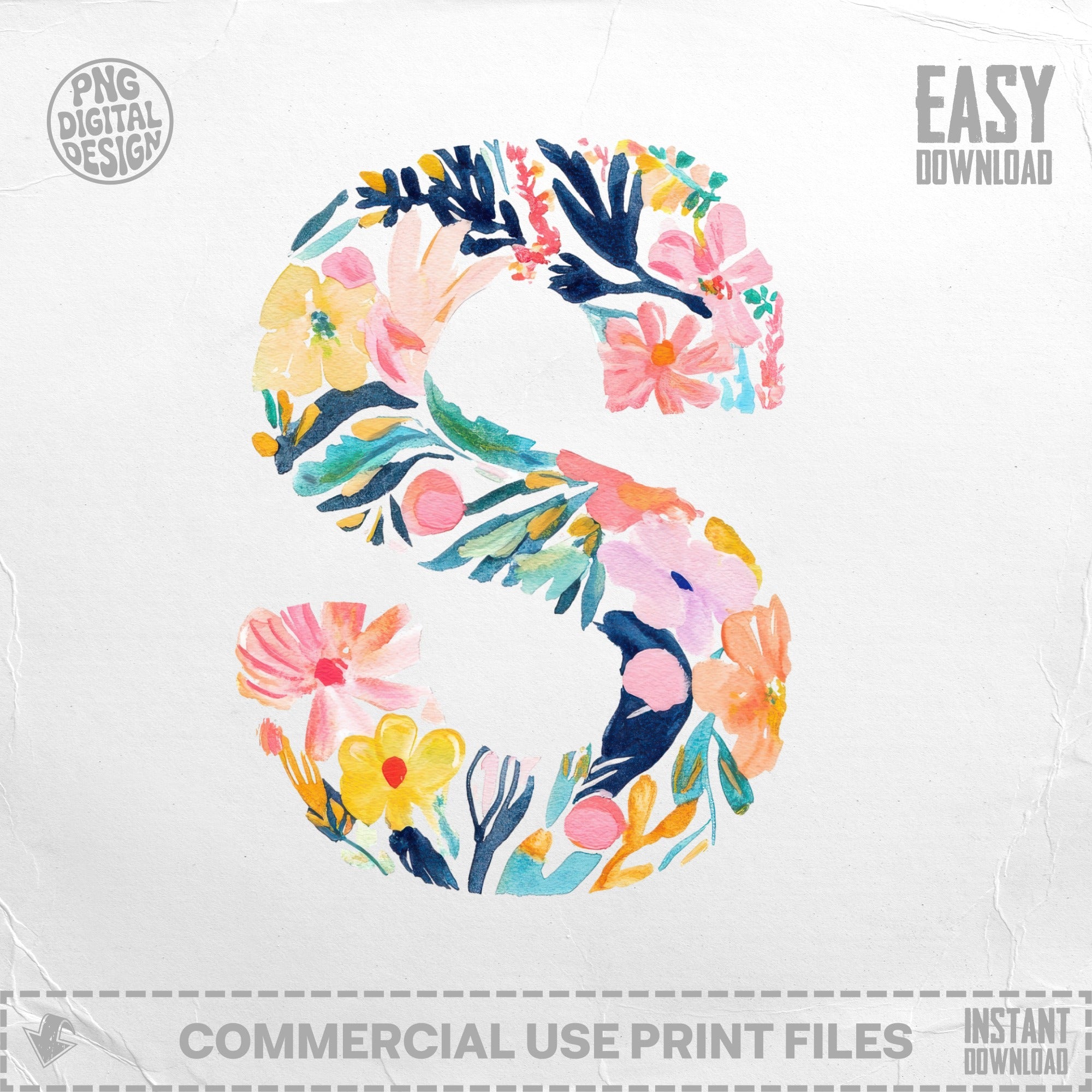 Watercolor floral letter S with "Easy Download" and "Commercial Use" text.