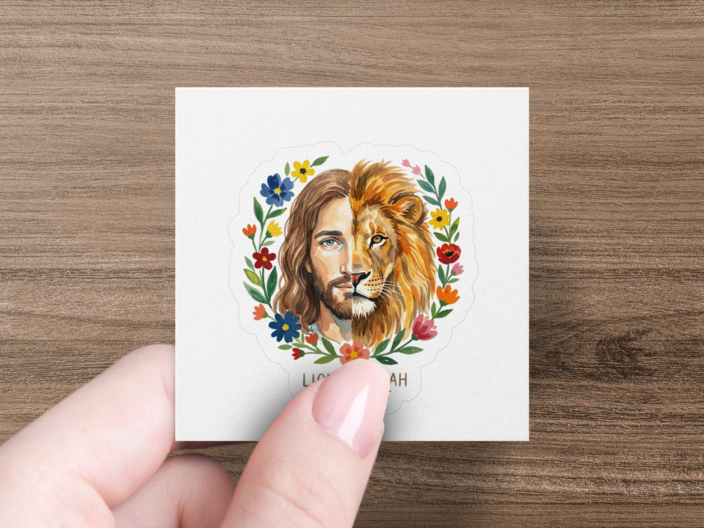 Half face of Jesus and half face of a lion surrounded by flowers.