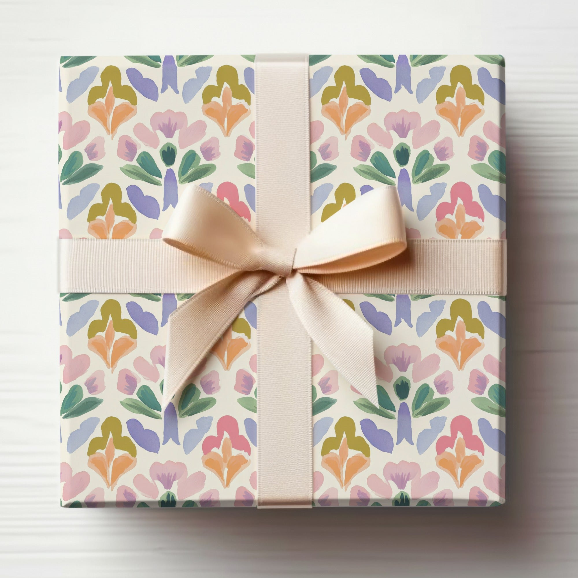 Floral Pattern Gift Box with Beige Ribbon Gift Wrap