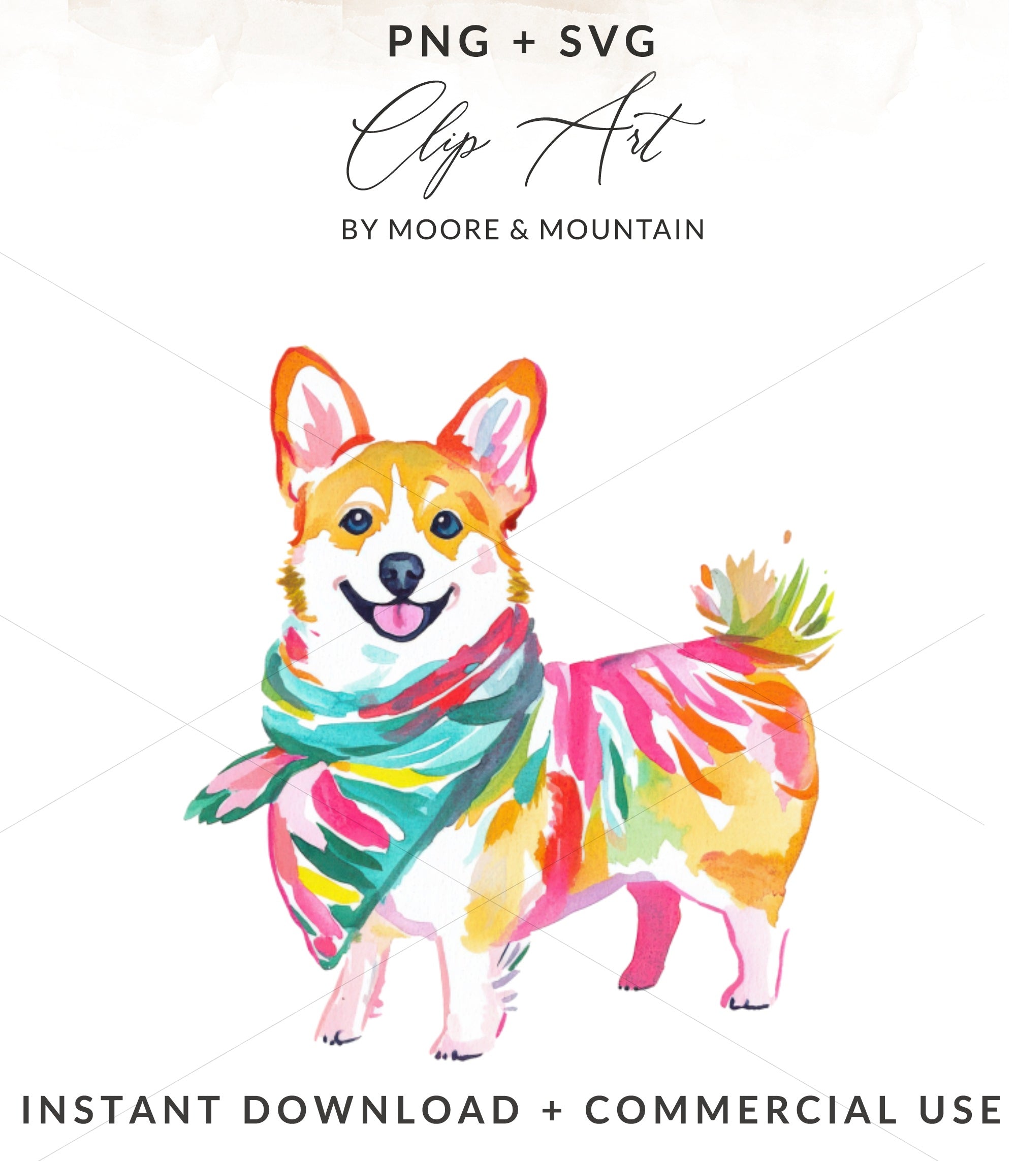 Watercolor corgi wearing a colorful scarf, PNG and SVG clip art.