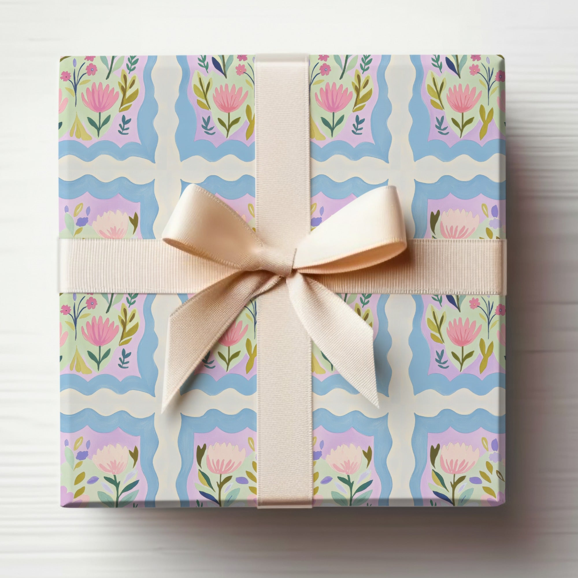 Floral Patterned Gift Wrap with Ivory Bow Accessory