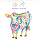 Colorful abstract cow with floral accents and "Clip Art" text.