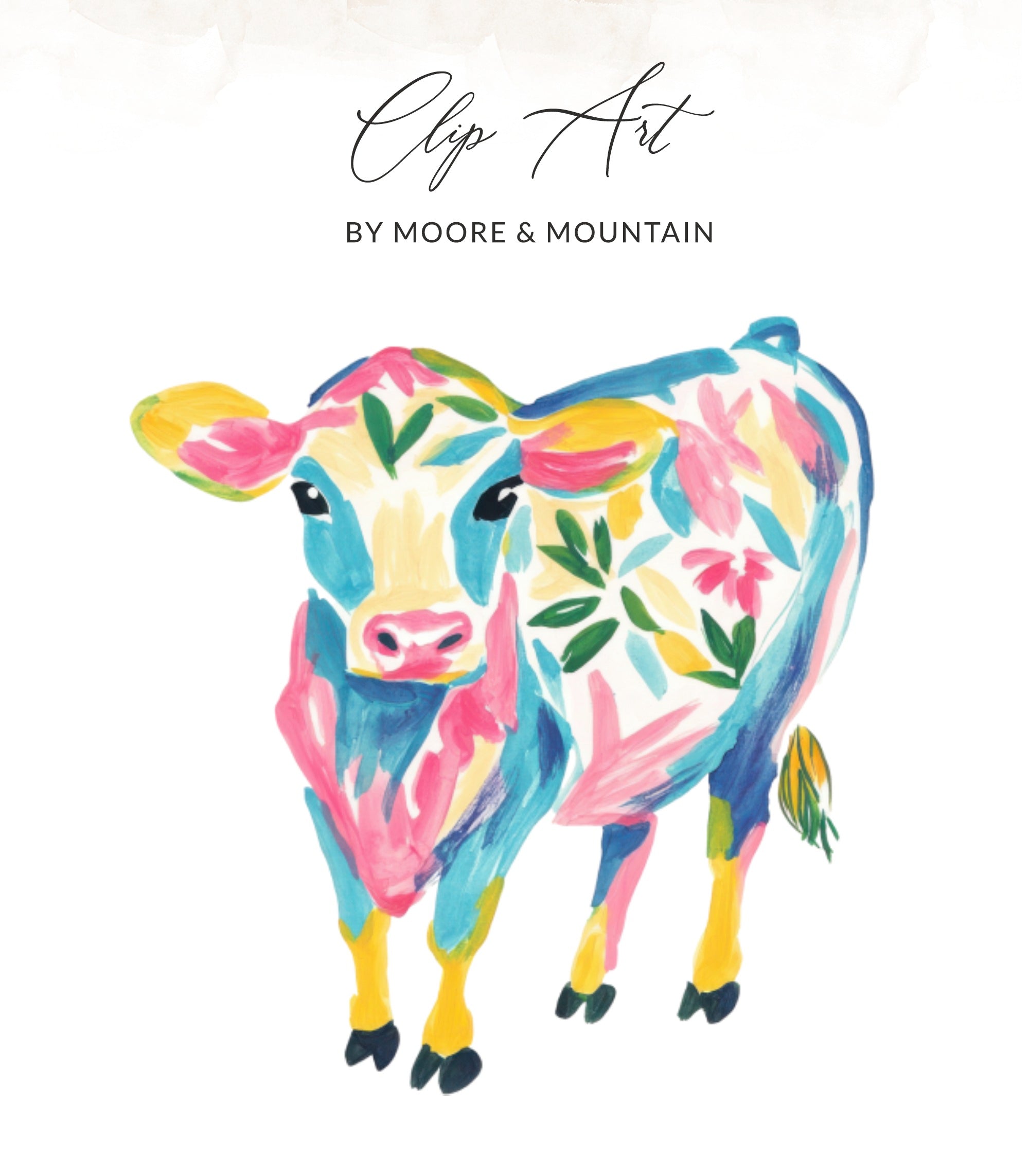 Colorful abstract cow with floral accents and "Clip Art" text.