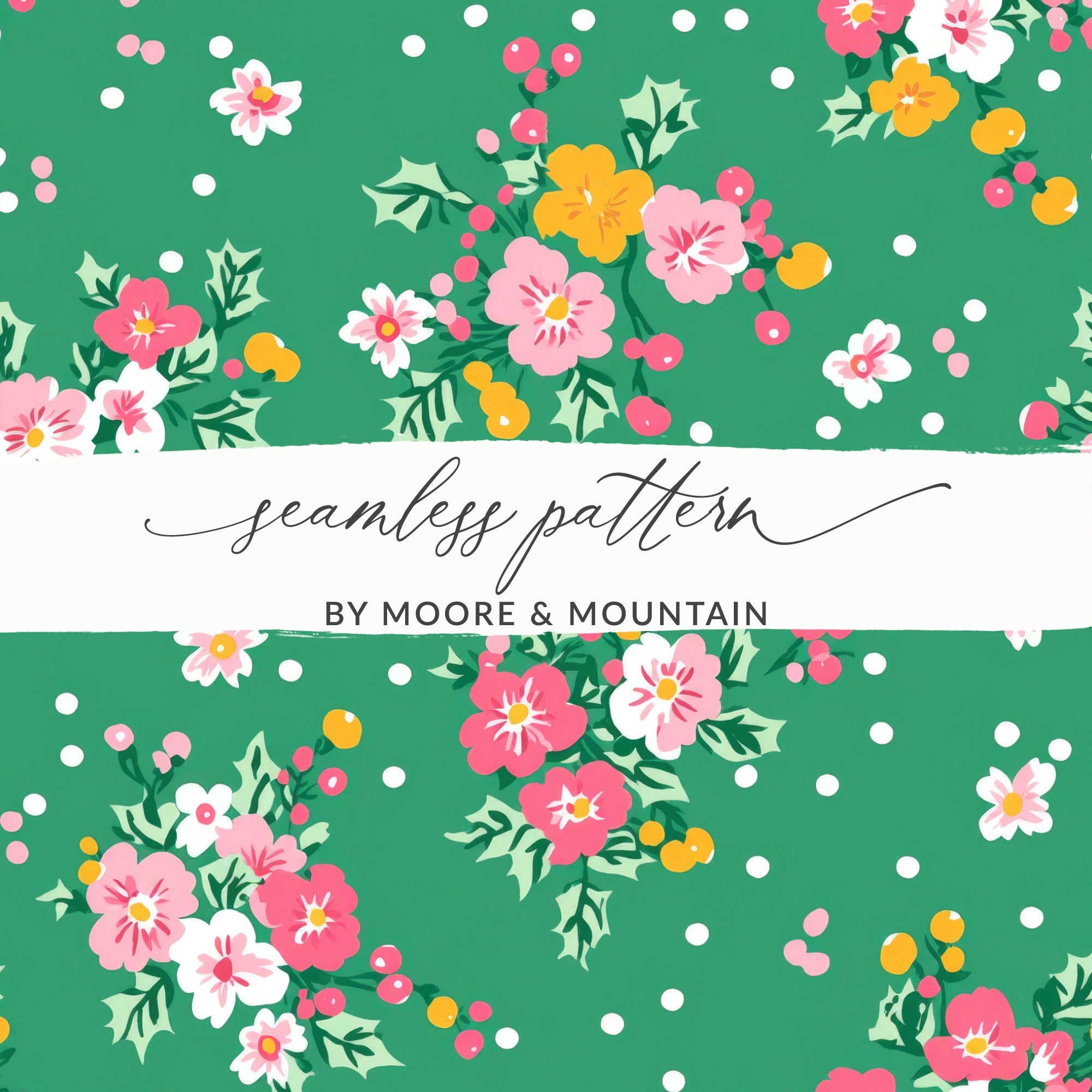 Vibrant Floral Seamless Pattern with Green Background