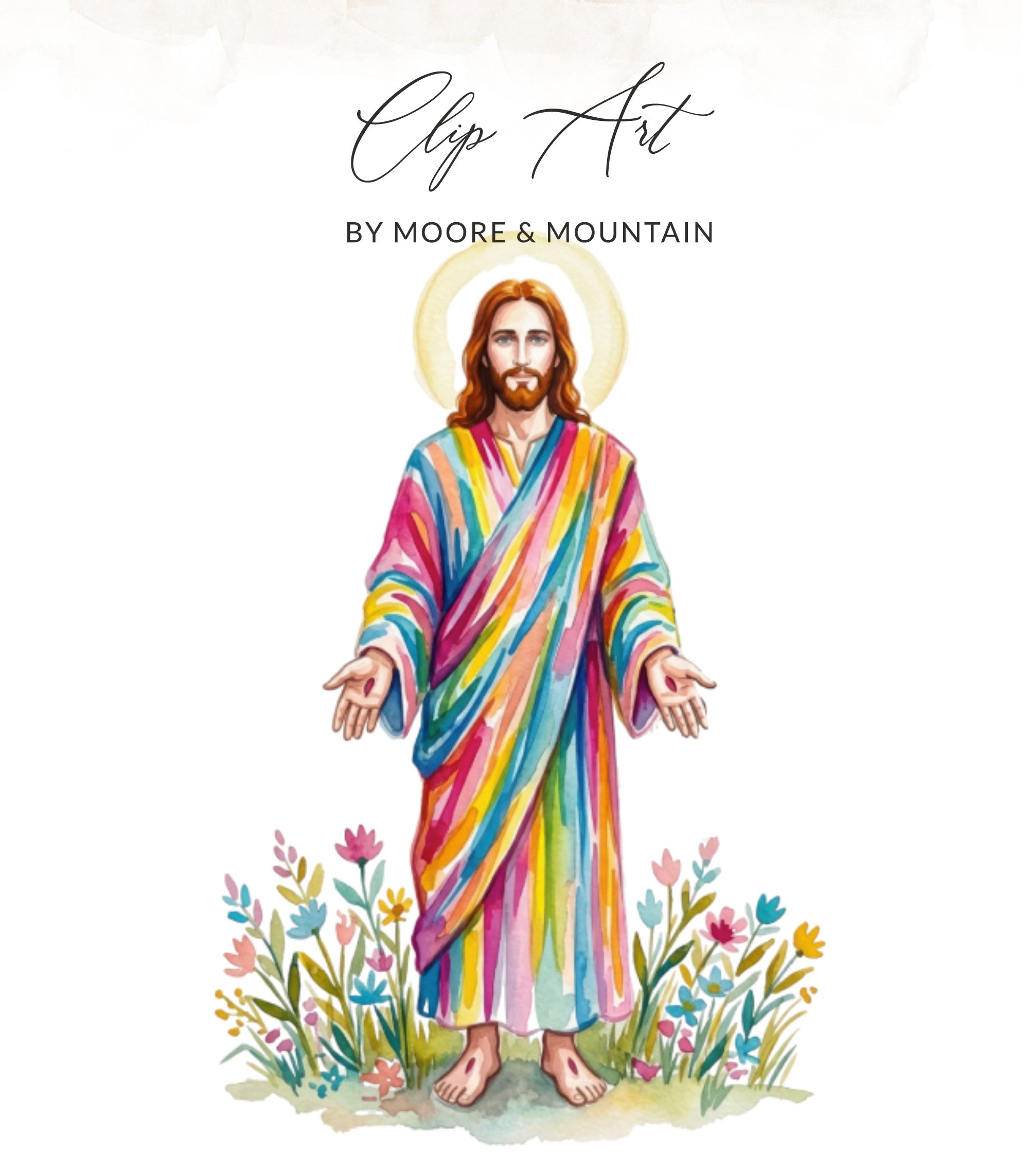 Jesus in a rainbow robe standing in a field of flowers.