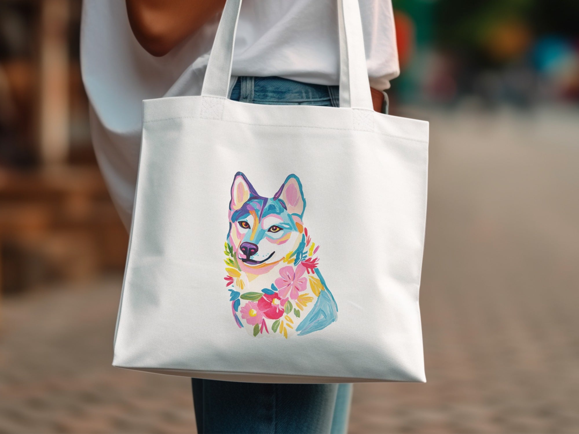 White tote bag with colorful husky and floral illustration.