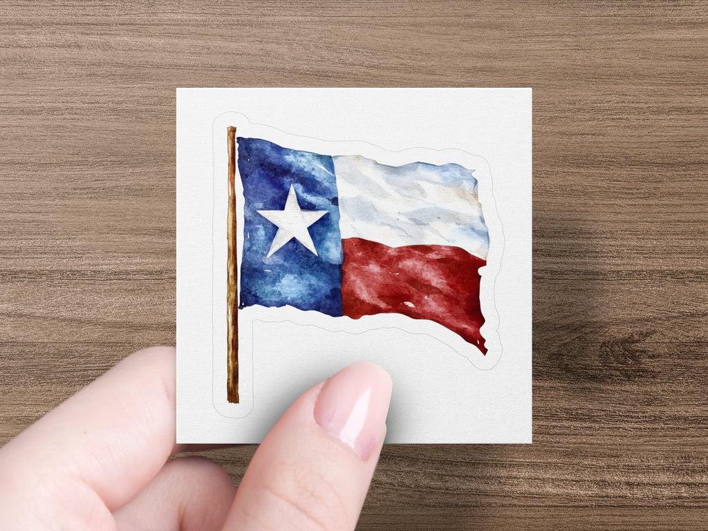 Watercolor Texas flag on a white background held by a hand.