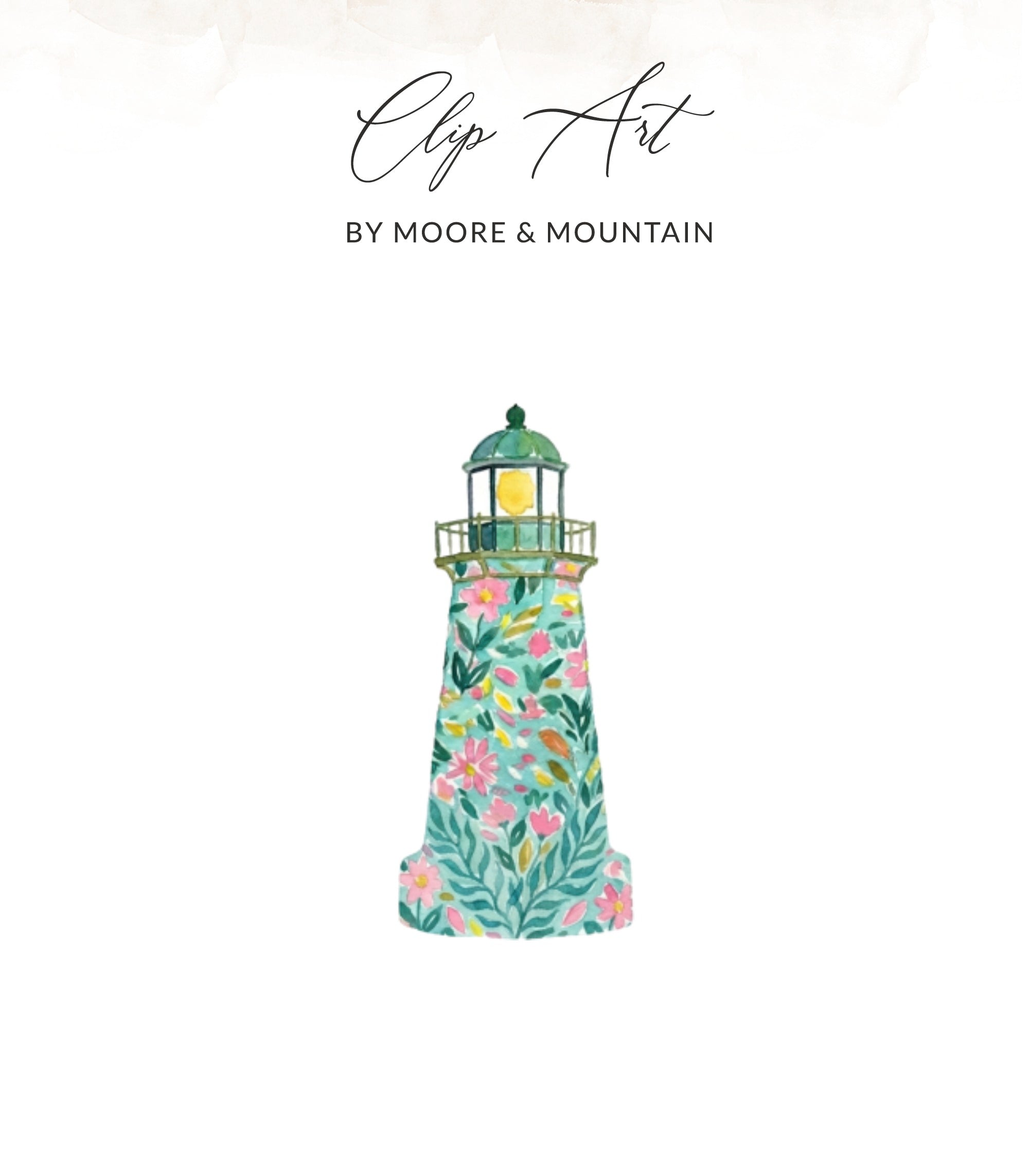 Watercolor lighthouse with floral pattern and brand text "Clip Art BY MOORE & MOUNTAIN".