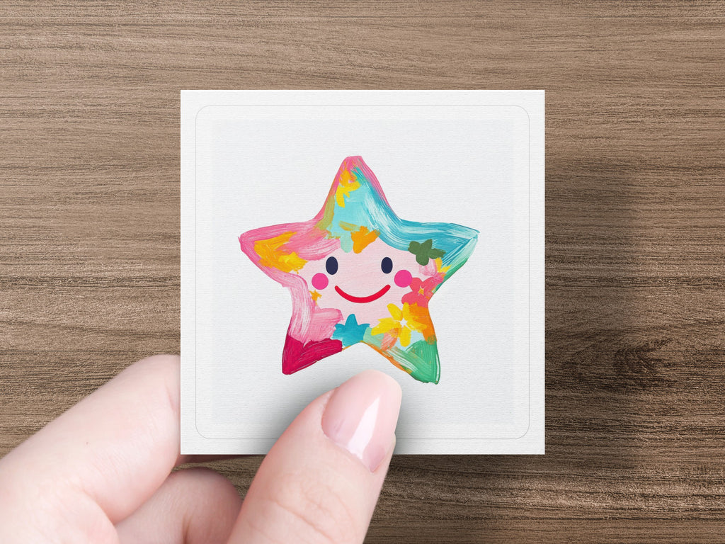 Colorful painted star with smiling face on a white card held by a person.