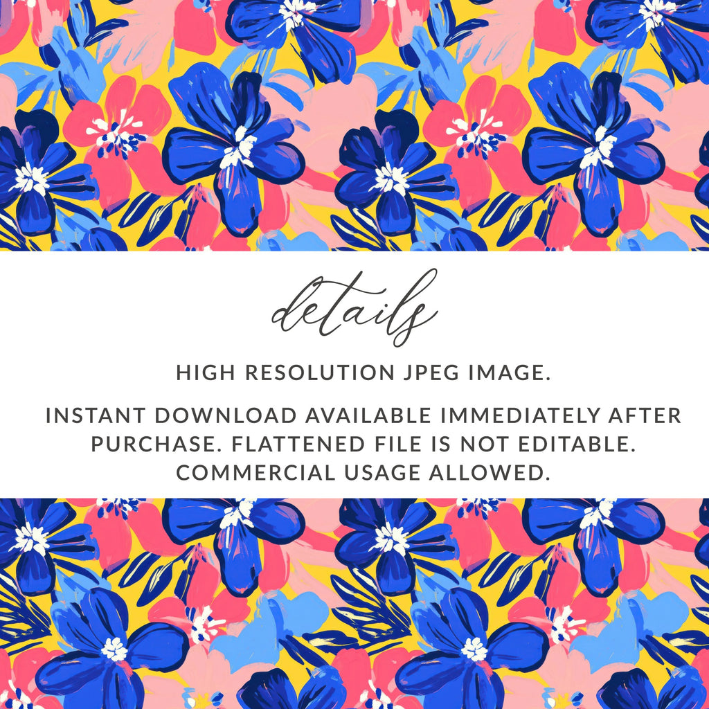 Floral pattern with blue and pink flowers on a yellow background.