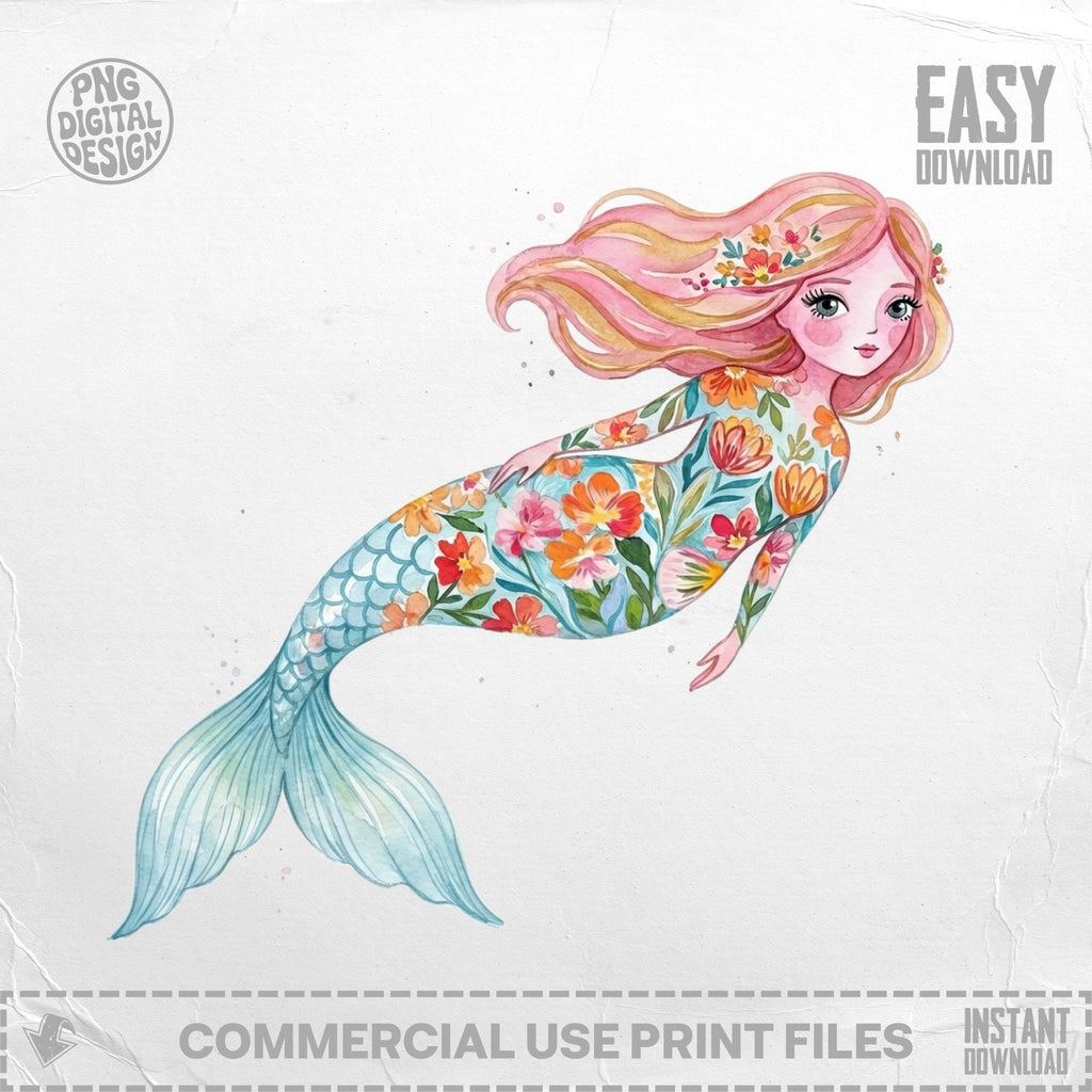 Watercolor illustration of a mermaid with floral patterned tail and floral crown.