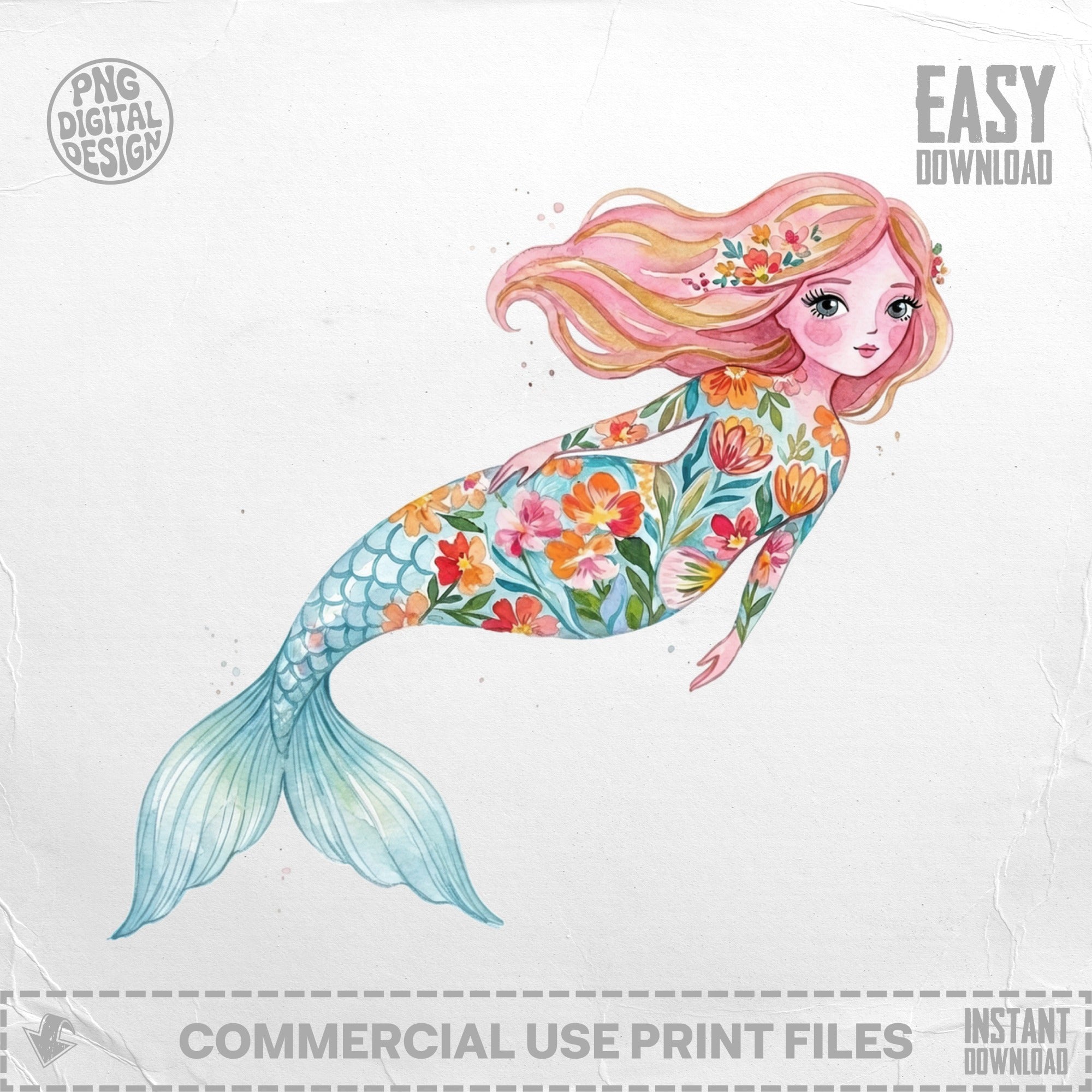 Watercolor illustration of a mermaid with floral patterned tail and floral crown.