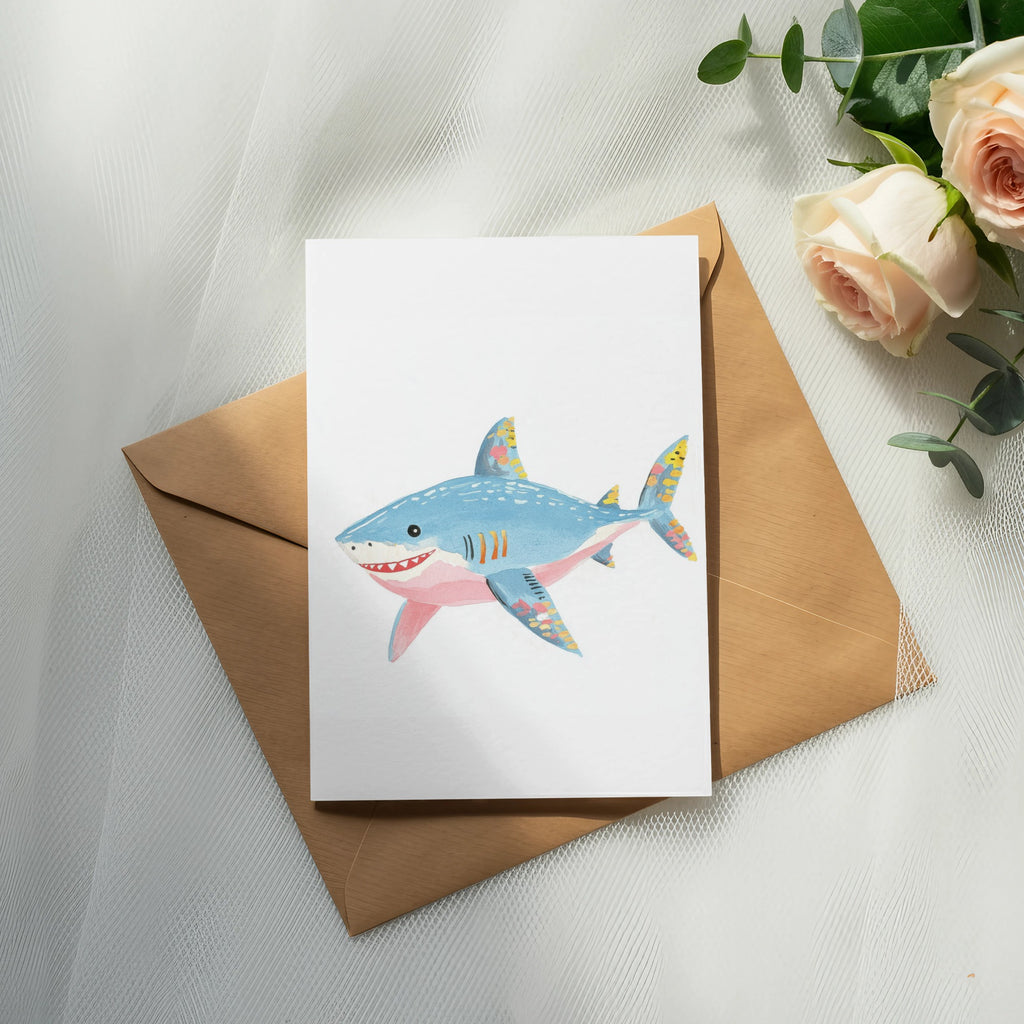 Illustration of a friendly blue shark with colorful patterns on a white card.