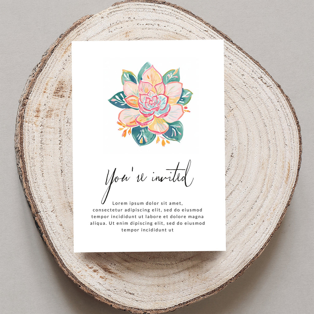 Invitation card with "You're invited" text and succulent illustration on wood slice.