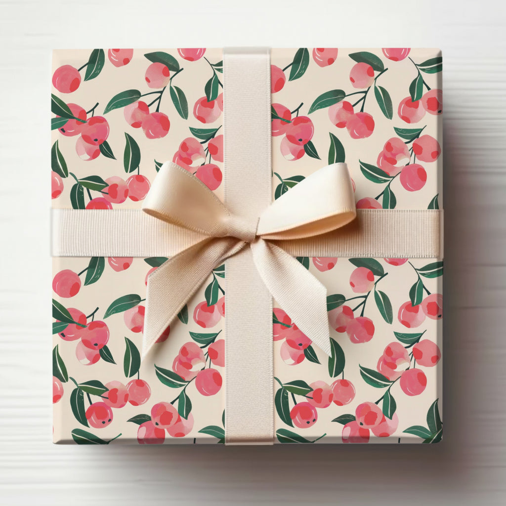Beautiful Cherry Design Gift Wrap with Elegant Ribbon