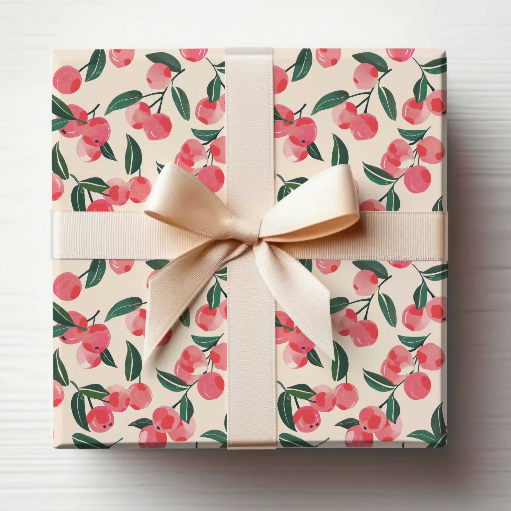 Beautiful Cherry Design Gift Wrap with Elegant Ribbon