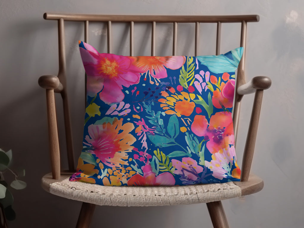 Colorful Floral Pattern Throw Pillow on Wooden Chair